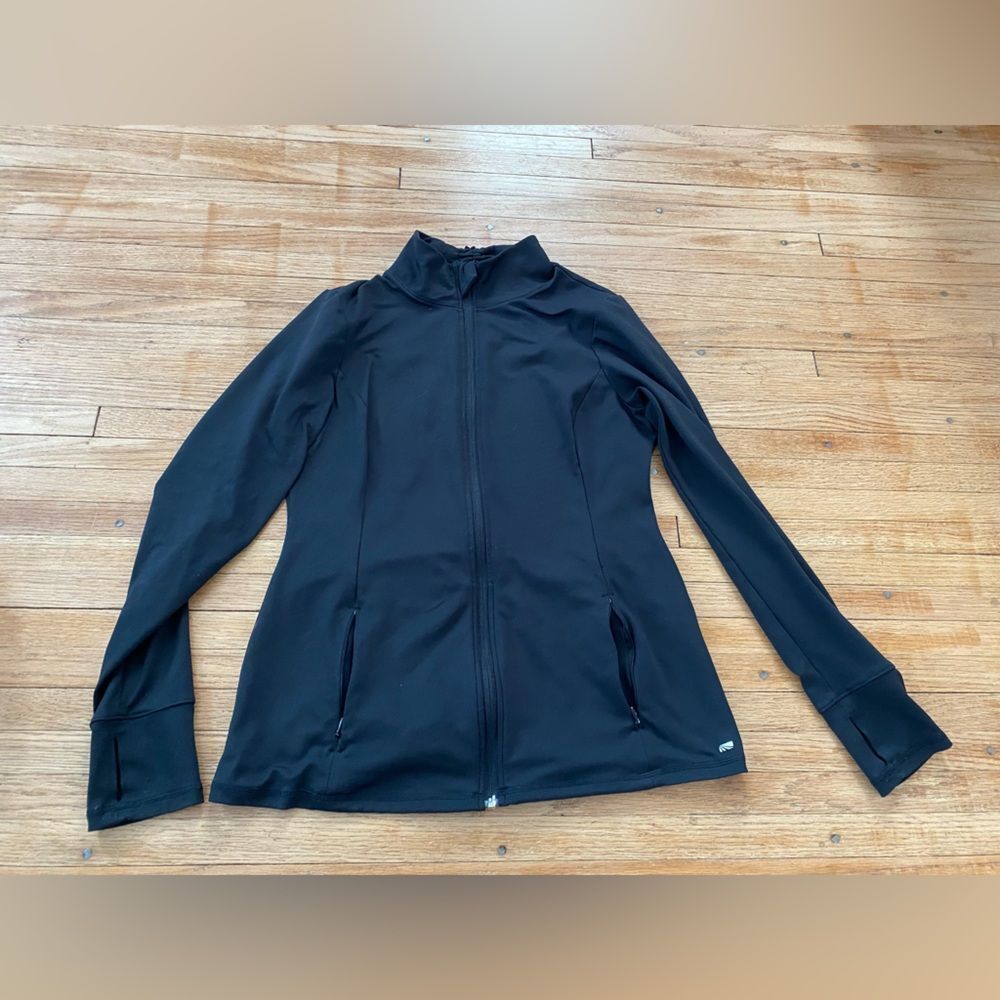 Marika Women L Black Full-Zip Activewear Jacket No Hood Pockets Finger Holes
